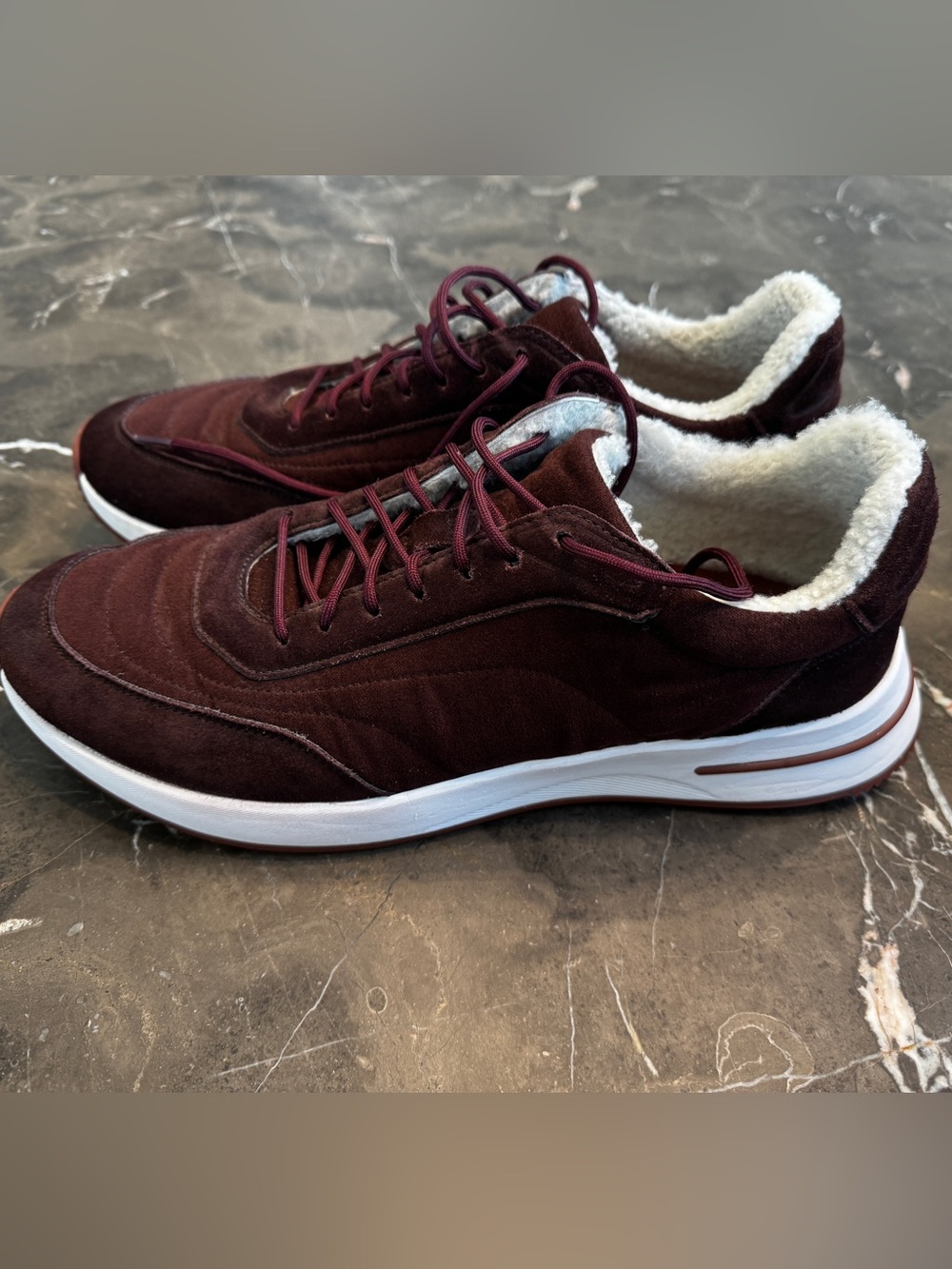 Loro Piana Men's Burgundy Weekend Walk Evo Sneakers with Shearling, size 45